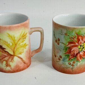 Set Of 2 Handpainted Watercolor Autumn Leaf & Poinsettia Coffee Mugs. Signed